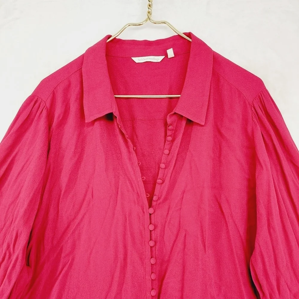 Soft Surroundings Sonnet Blouse Covered Button Ruffle Sleeve Red Shirt P3814